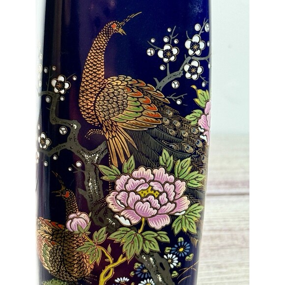 Cobalt Blue Peacock and Floral Vase 22-Gold Trim porcelain vtg - Picture 5 of 13